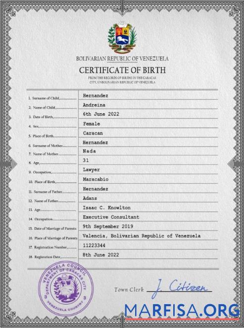 Realistic Venezuela birth certificate sample